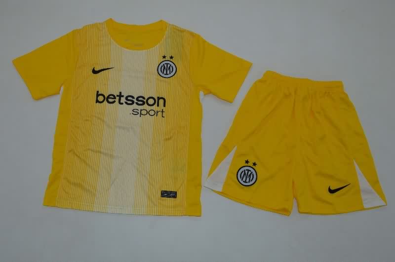 Kids Inter Milan 25/26 Goalkeeper Yellow Soccer Jersey And Shorts