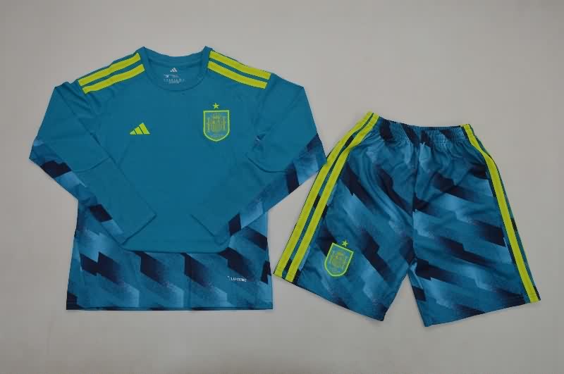 Kids Spain 2026 Goalkeeper Blue Long Sleeve Soccer Jersey And Shorts