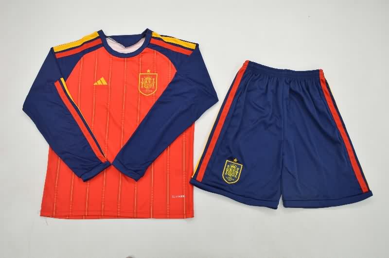 Kids Spain 2026 World Cup Home Long Sleeve Soccer Jersey And Shorts