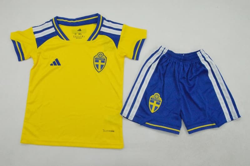 Kids Sweden 2026 Home Soccer Jersey And Shorts