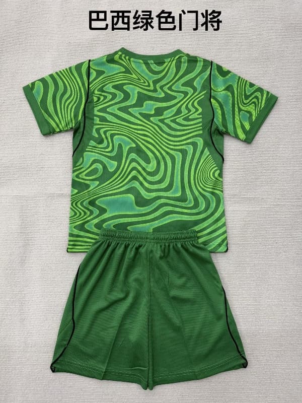 Kids Brazil 2026 Goalkeeper Green Soccer Jersey And Shorts