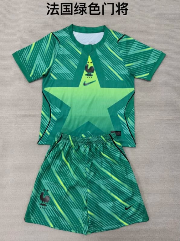 Kids France 2026 World Cup Goalkeeper Green Soccer Jersey And Shorts