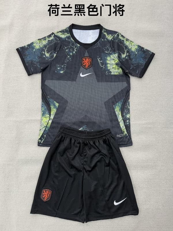 Kids Netherlands 2026 Goalkeeper Black Soccer Jersey And Shorts Kids Netherlands 2026 Goalkeeper Black Soccer Jersey And Shorts