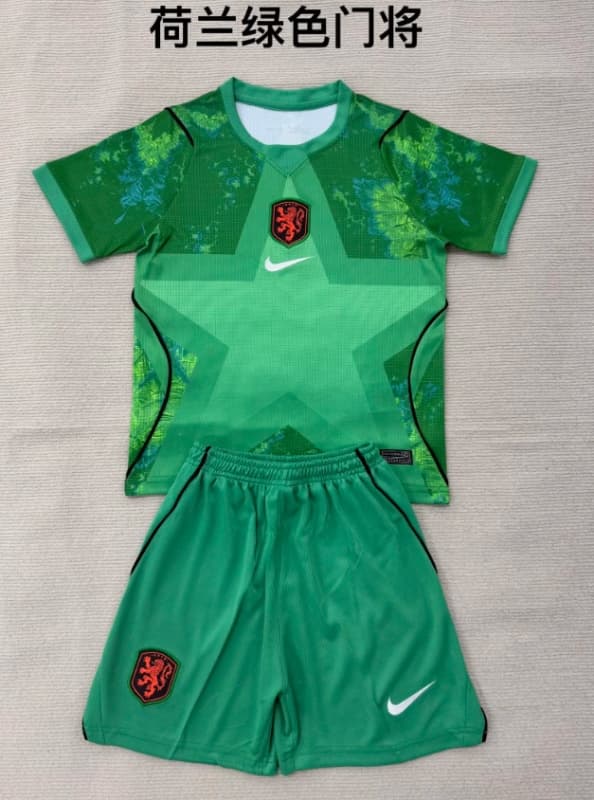 Kids Netherlands 2026 Goalkeeper Green Soccer Jersey And Shorts Kids Netherlands 2026 Goalkeeper Green Soccer Jersey And Shorts