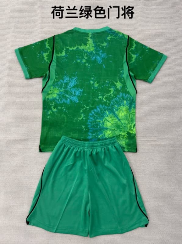 Kids Netherlands 2026 Goalkeeper Green Soccer Jersey And Shorts
