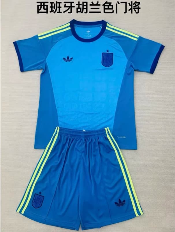 Kids Spain 2026 Goalkeeper Blue Soccer Jersey And Shorts 02 Kids Spain 2026 Goalkeeper Blue Soccer Jersey And Shorts 02