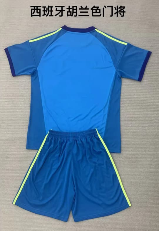 Kids Spain 2026 Goalkeeper Blue Soccer Jersey And Shorts 02