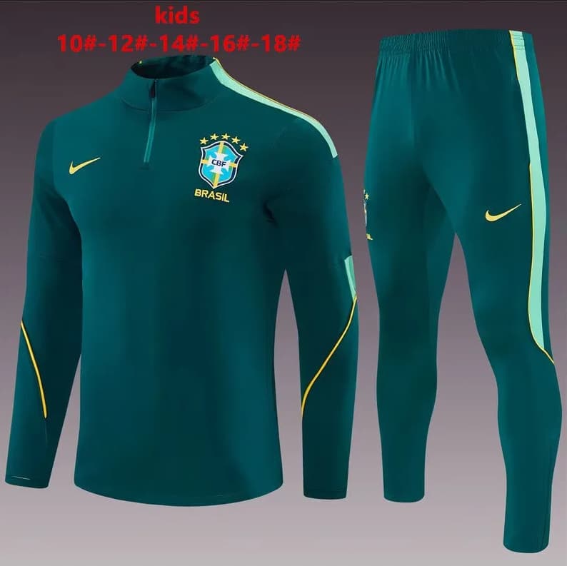 Kids AAA Quality Brazil 2026 Green Soccer Tracksuit