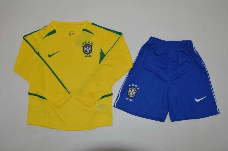 Kids Brazil 2002 Home Long Sleeve Soccer Jersey And Shorts